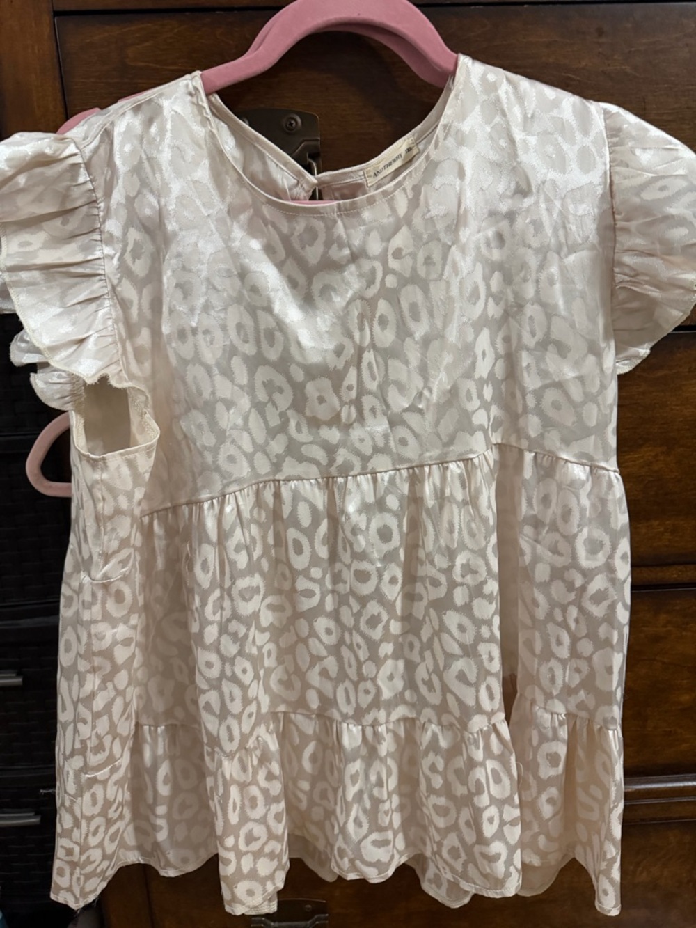 Light Pink Satin Leopard Print Ruffle Sleeve Top